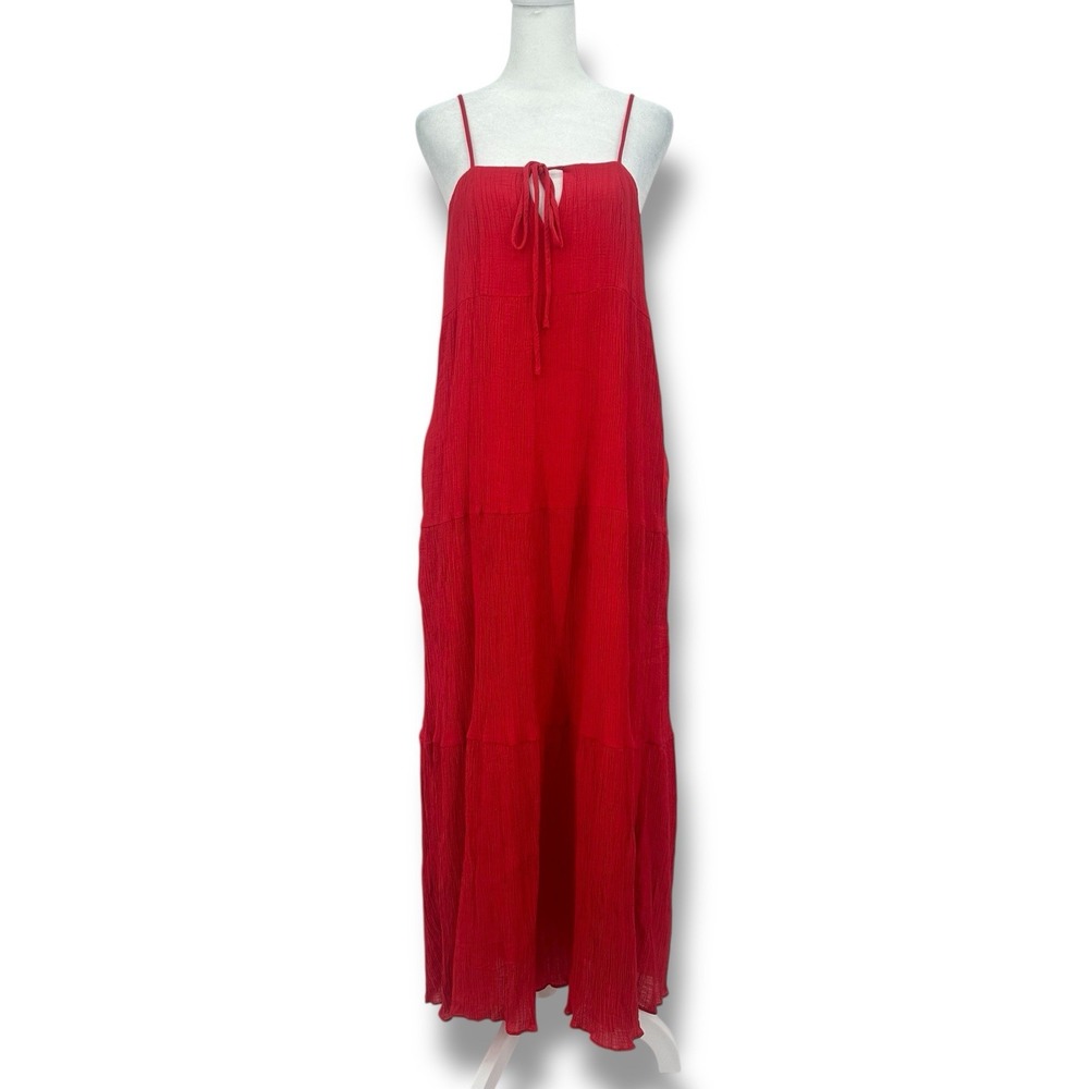 Chelsea28 Women Red Crinkle Maxi Dress Boho Resort Tie Front Spaghetti M